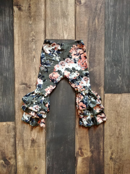 Grey Peach Floral Milk Silk Triple  Ruffle Leggings - Ava Grace Boutique
