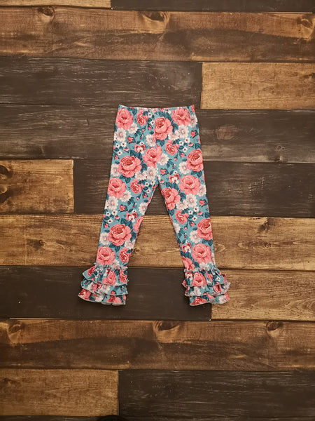 Pink Roses Triple Ruffle Milk Silk Leggings