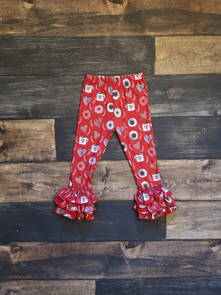Red Valentine Donuts Triple Ruffle Milk Silk Leggings - Ava Grace Boutique
