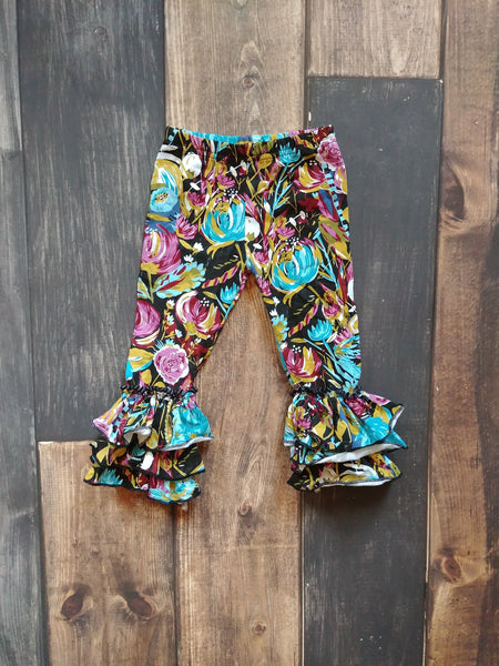 Pink Blue Floral Truffle Triple Ruffle Leggings - Ava Grace Boutique