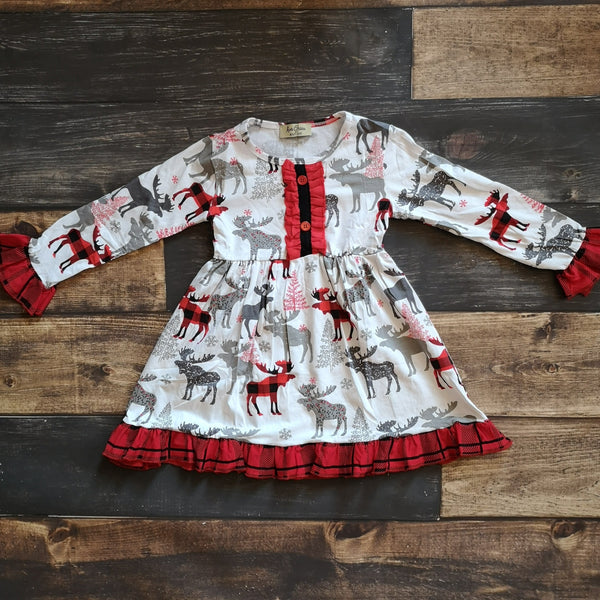 Moose Buffalo Plaid Ruffle  Long Sleeve Dress - Ava Grace Boutique