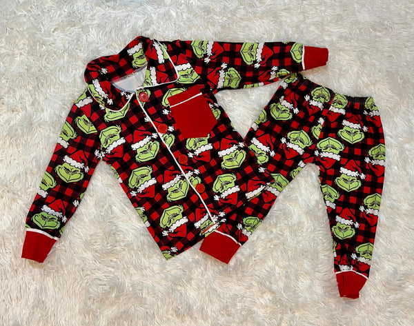 Christmas Red Buffalo Plaid Grinch Pajama Top and Bottom Set