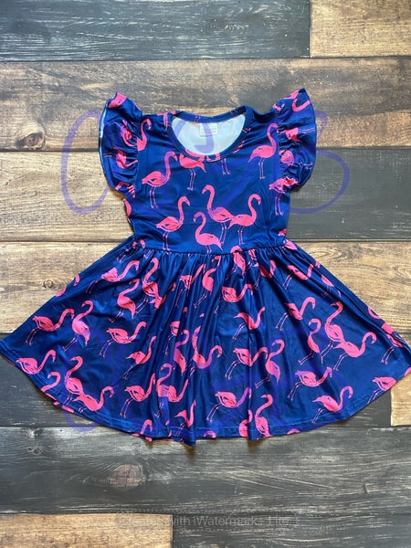 Navy Flamingo Print Milk Silk Dress Twirly Style