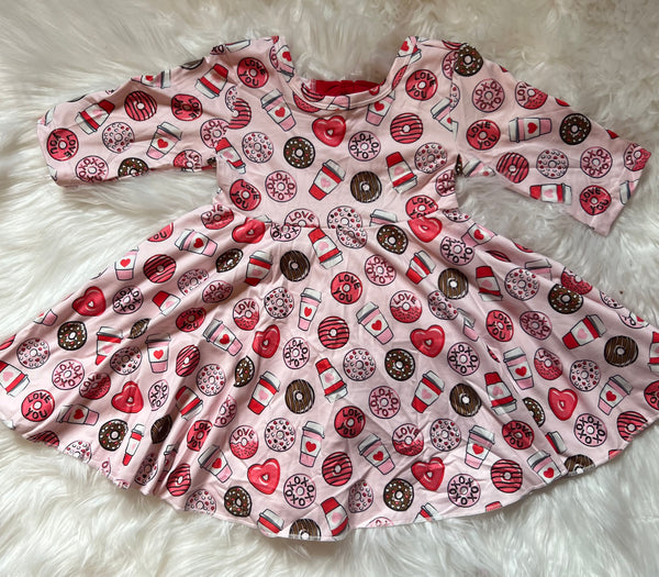 Valentine Donuts Coffee Twirly 3/4 Sleeve Dress with 3 bows on back