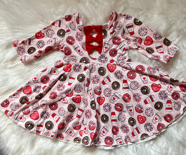 Valentine Donuts Coffee Twirly 3/4 Sleeve Dress with 3 bows on back