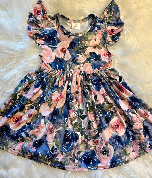 Pink Floral Flutter Sleeve Twirly Dress