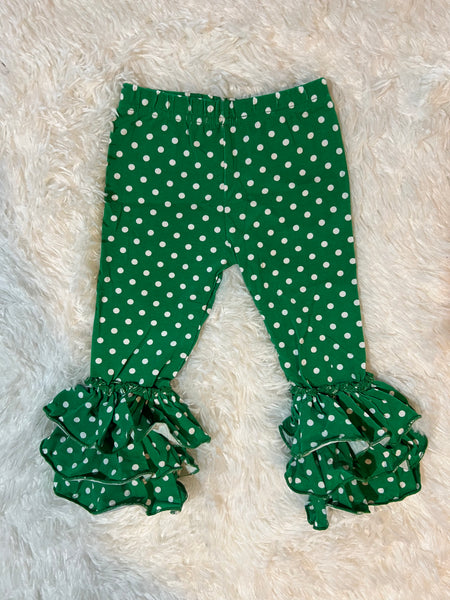 Green and White Polka Dots Truffle Triple Ruffle Leggings