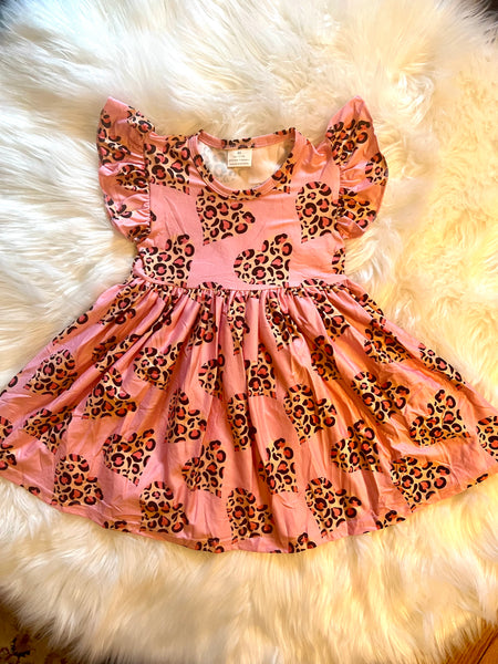 Cheetah Leopard Heart Pink Flutter Sleeve Dress