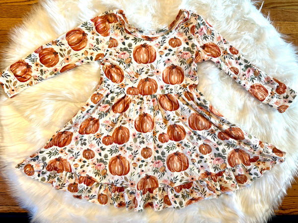 Pumpkin Long Sleeve Ruffle Dress