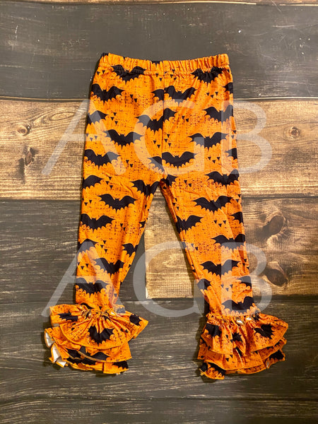 Orange Bats Halloween Triple Ruffle Leggings