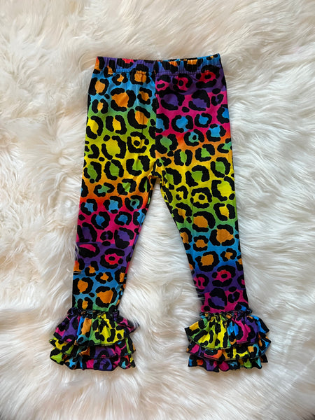 Rainbow Cheetah Leopard Print Milk Silk Triple Ruffle Leggings