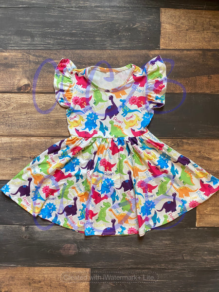 Colorful Dinosaur Milk Silk Dress Twirly Style