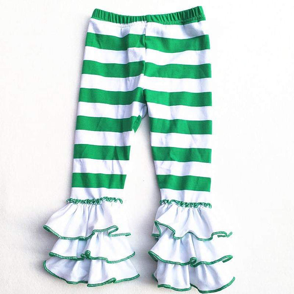 Green and White Stripes Triple Ruffle Leggings